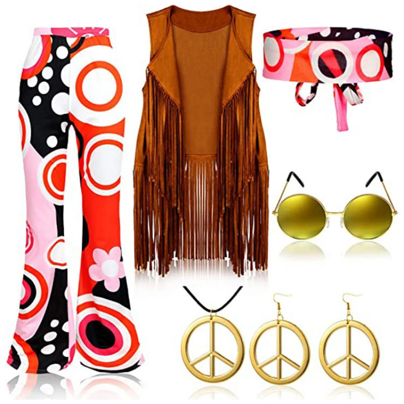 

70s Hippie Party Retro Costume Tassel Vest + Pants + Scarf Suit Women Top Pants Sets