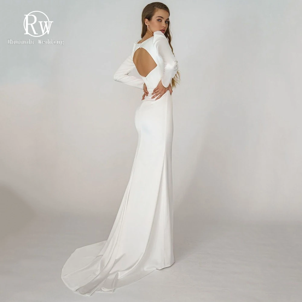 

Ramanda Boho Simple Long Sleeves V-Neck Chiffon Mermaid Wedding For Bride 2022 Backless Pleats Sweep Train Sexy Vestido De Novia