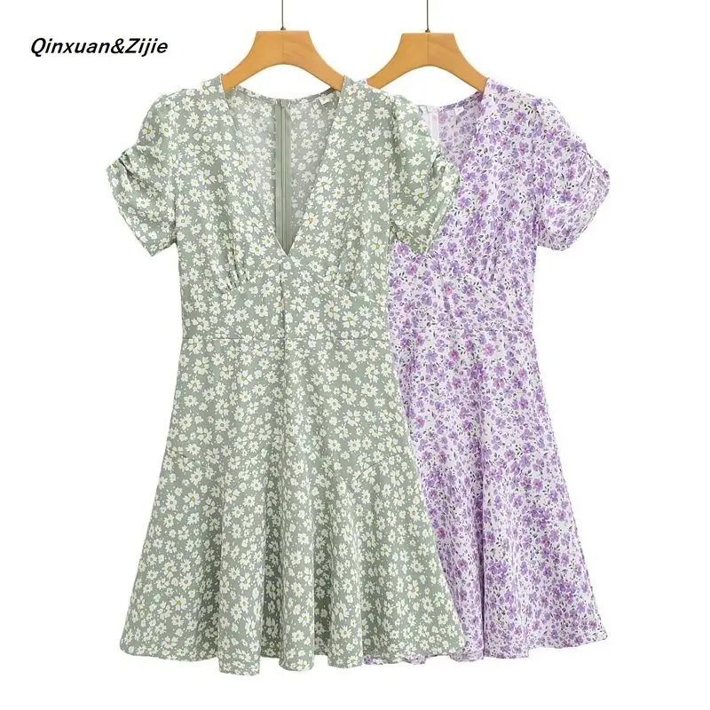 

Женское свободное платье-рубашка с рукавами-фонариками, V-образным вырезом и цветочным принтом