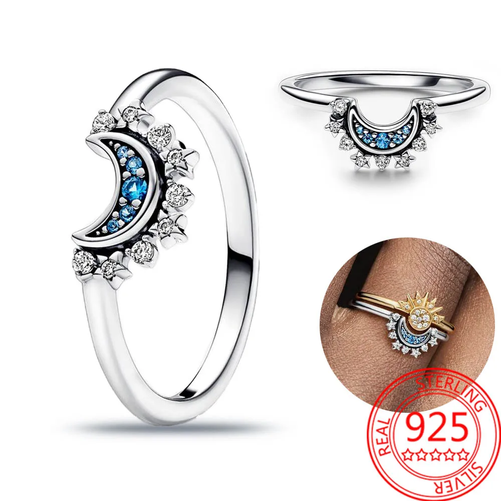 

Новинка 2023, синее Сверкающее кольцо в небесном стиле с Луной, женский подарок на день рождения и День святого Валентина