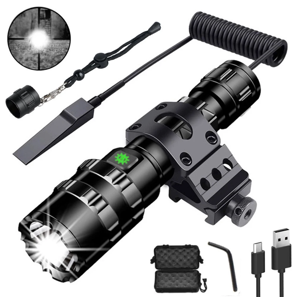 

L2 Tactical Flashlight 1600 Lumens USB Rechargeable Torch Waterproof Hunting Light with Clip Hunting Shooting Accessories