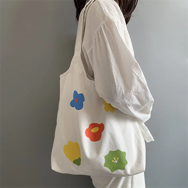 

Simple Fresh Cartoon Flower Print Canvas Bag Casual Harajuku Large Capacity Shoulder Bags Sweet Cute Student Handbags