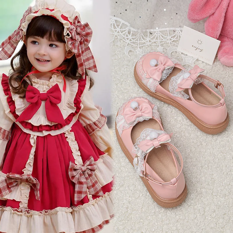 

YQBTDL 2022 Kawaii Pink Color Girls Mary Janes Pumps Flat Heel Dot Bow Japanese Style Ankle Strap Lace Block Heel Lolita Shoes