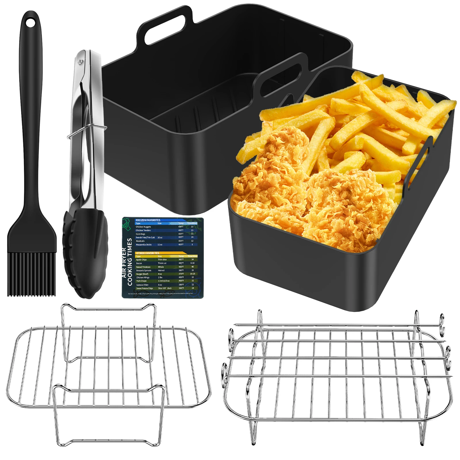 

7Pcs Air Fryer Accessories Set Flexible Nonstick Air Fryer Silicone Liner Stainless Steel Air Fryer Rack with Reusable Oil Brush