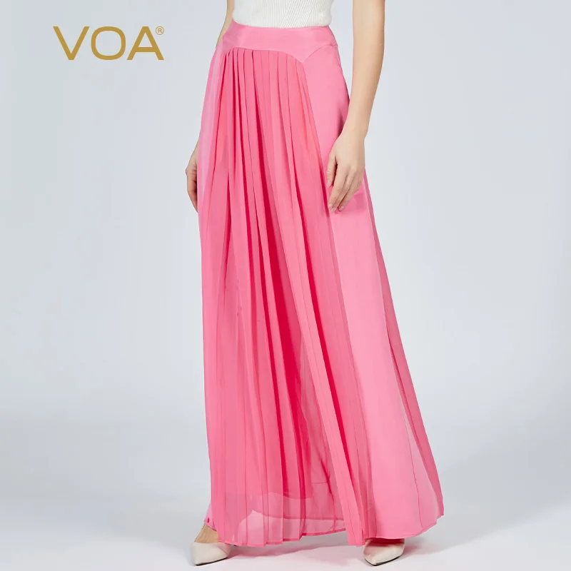 

VOA 30 Momme Heavyweight Mulberry Silk Rose Red Natural Waist Stitching Georgette Pleated Double Layer Silk Wide-leg Pants KE716