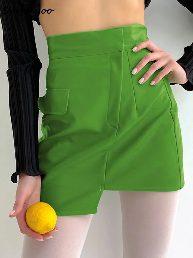 

Sumuyoo 2023 женские сексуальные юбки, Женская матовая Зеленая кожаная юбка, асимметричная короткая юбка-трапеция с высокой талией, короткая юбк...