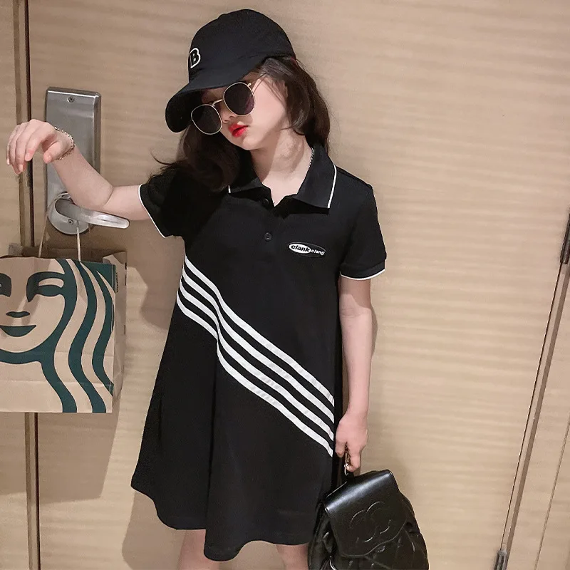 

Летнее вязаное платье для девочек, платье-поло, платье-свитер для детей-подростков, спортивное платье с коротким рукавом