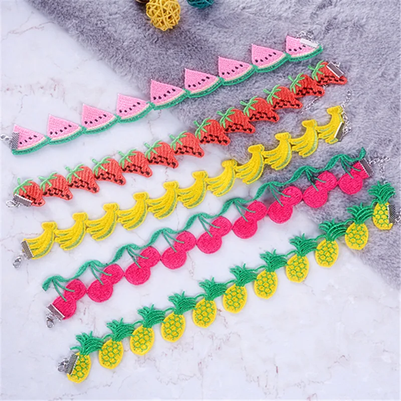 

Boho Charms Fruit Chain Necklace Choker for Women Girl Collars Cute Watermelon Cherry Banana Pineapple Fabric Lace Jewelry