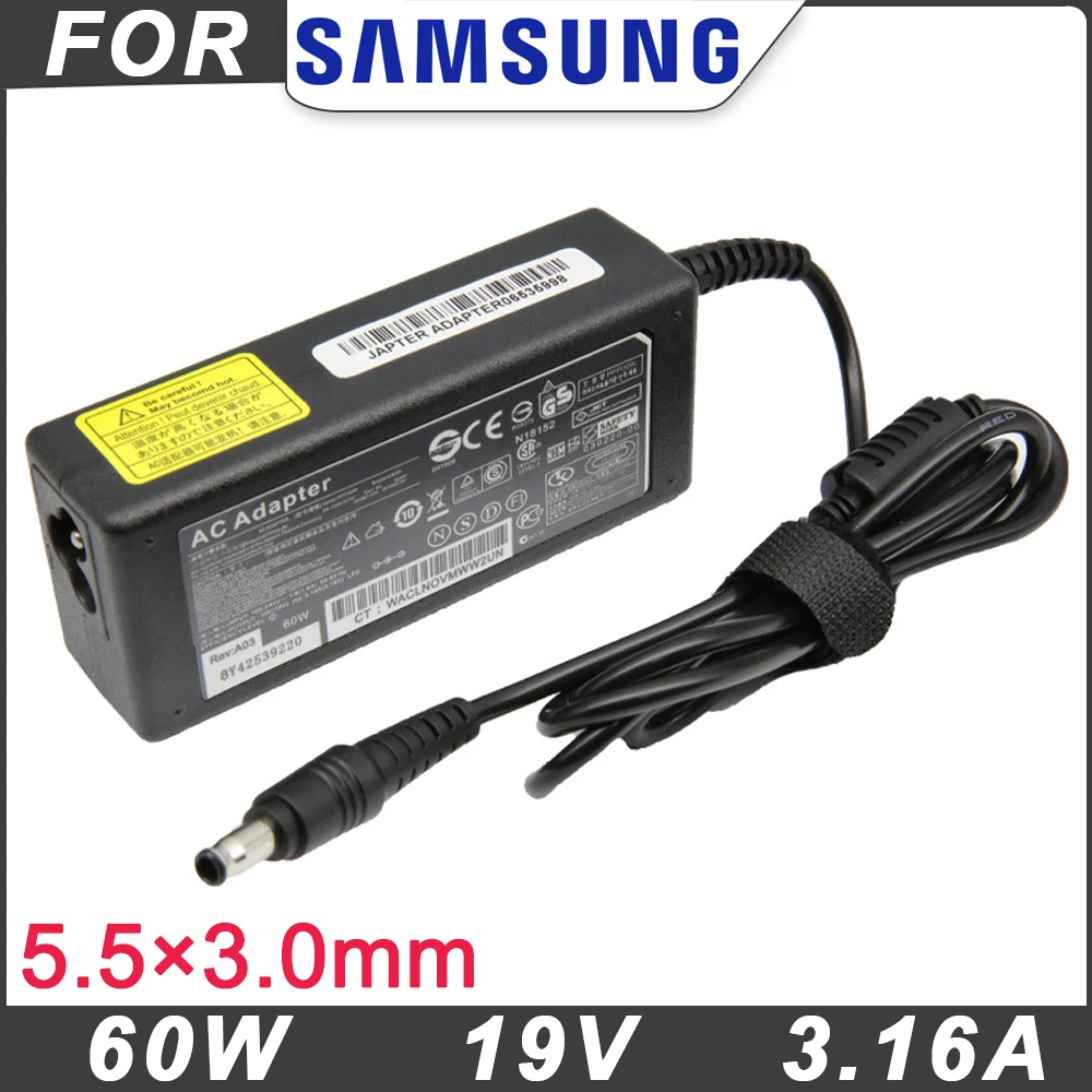 19V 3.16A 5.5*3.0 60W Adapter Charger for Samsung N150 R580 R730 Rc512 Rv515 Np300e4c Np300v5a Np305e5a Np305e7a Np305v5a Power