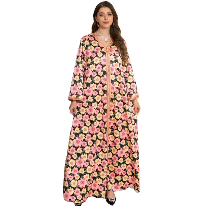 Women's Dresses Spring Summer 2023 Travel Fashion V Neck Lace Tape Floral Print Retro Dress Long Sleeve Casual Loose Robe