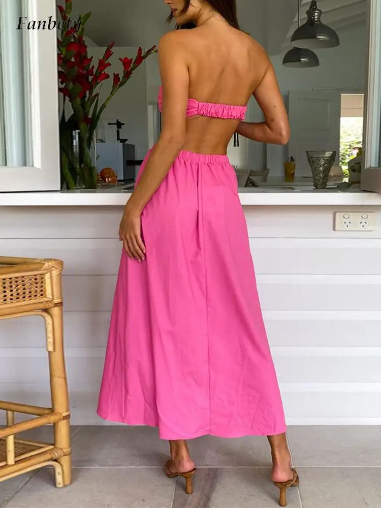 

Women Sexy Strapless Sleeveless Solid Dress 2022 Summer Fashion Slash Neck Backless Beach Dresses Female New Elegant Loose Dress