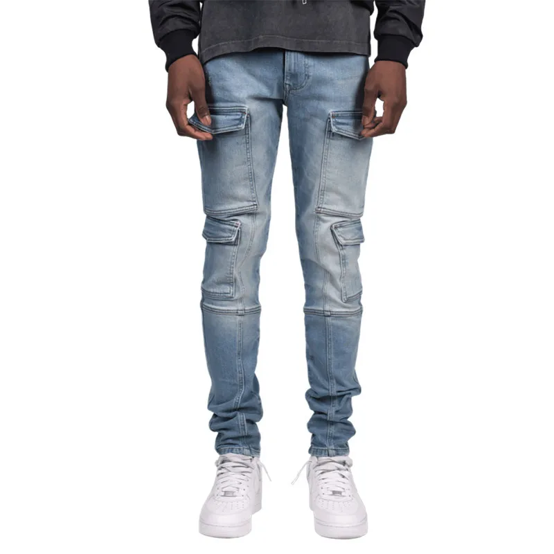 New Multi-pocket Men's Jeans Slim Stretch Trend Men's Jeans Pencil Pants Full Length Solid Color Trousers Denim Pants