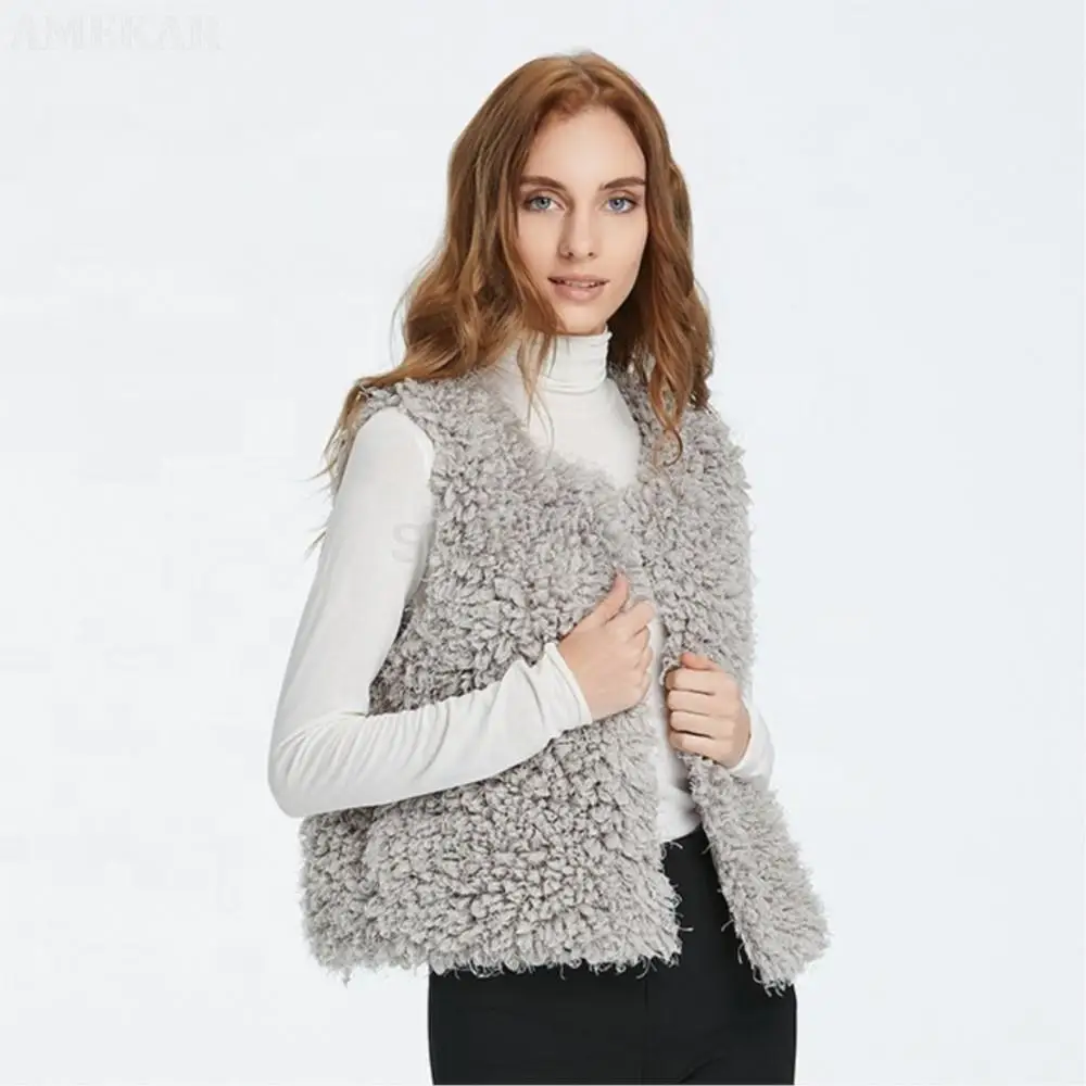 Women Real Fur Lined Shaggy Vest Pure Color Warmth Sleeveless Plus Size Coat Winter Leisure Zipper Real Fur Coats