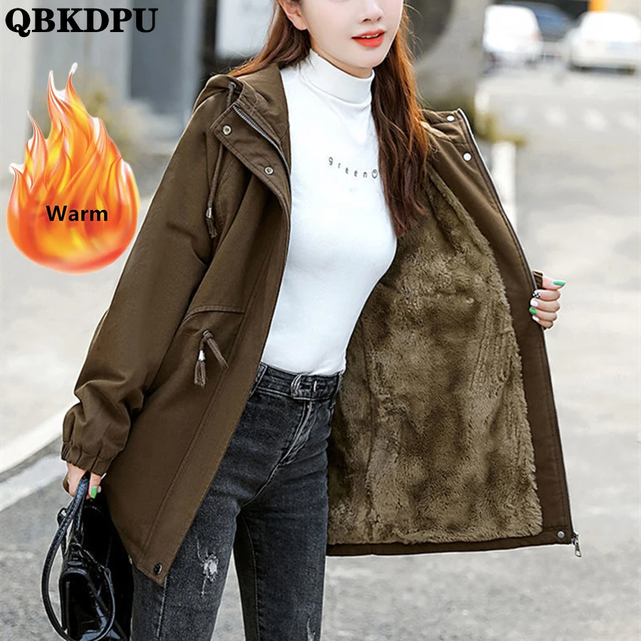 Winter Hooded Fleece Lined Thicken Parka Mid-length Cotton Padded Plus Velvet Women Warm Coat Trenchcoat Slim Windbreaker Jacket