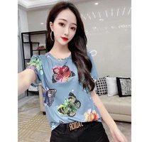 women tops 2022 summer new foreign style butterfly printing age reduction t shirt women european slim skinny short sleeve