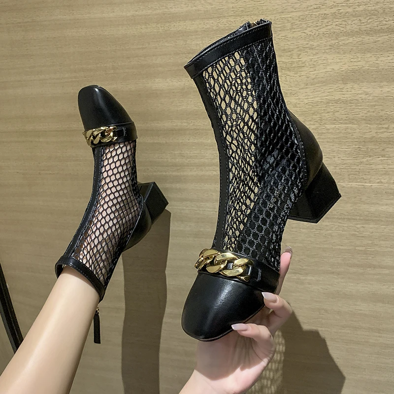 

Brand Women's Shoes Lady Boots Boots-Women Zipper Fashion High Heel Rubber Sandals 2022 Leather Summer Med Fretwork Basic Square