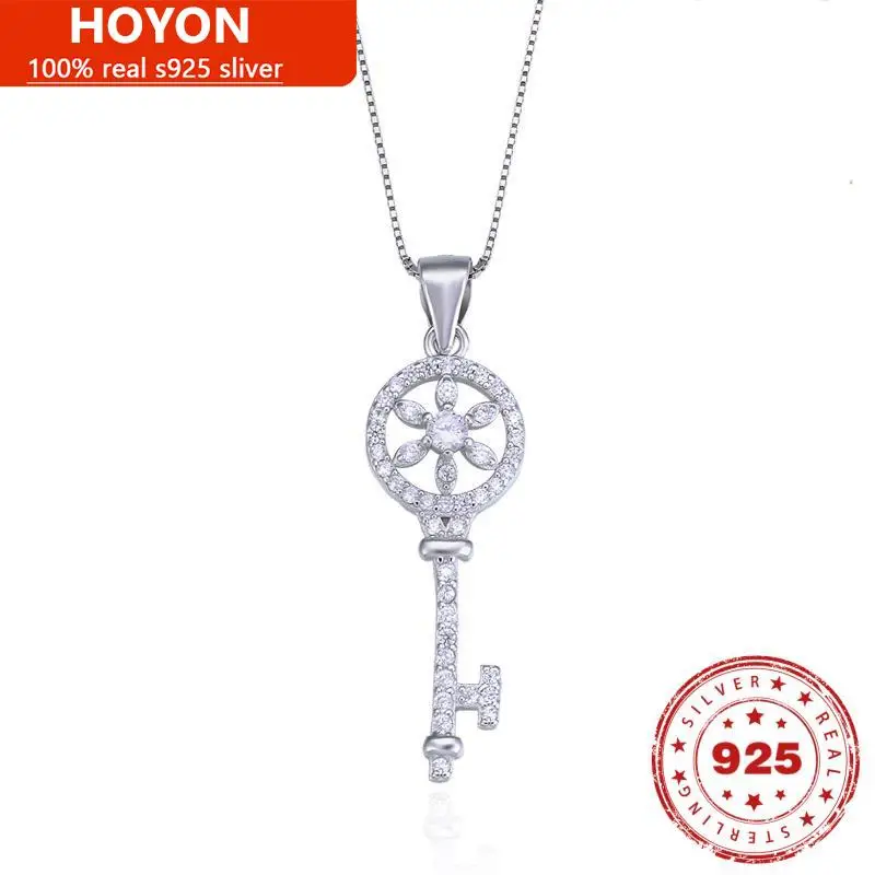 

HOYON S925 Sterling Silver Pendant Necklace For Women ladies Clavicle Chain Key Shape Pendant Wedding Party Fine Jewelry Gifts
