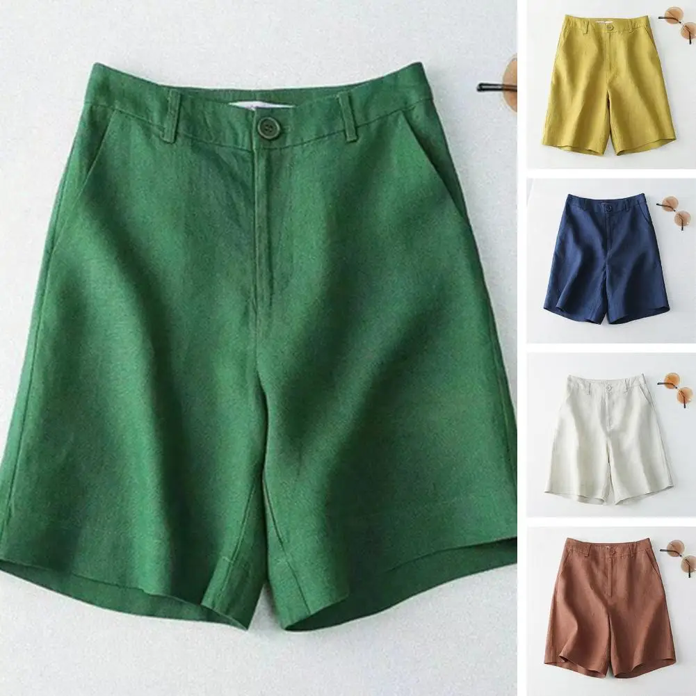 

Шорты женские прямые однотонные до колен, дышащие повседневные штаны с карманами, с завышенной талией, с широкими штанинами, летняя одежда