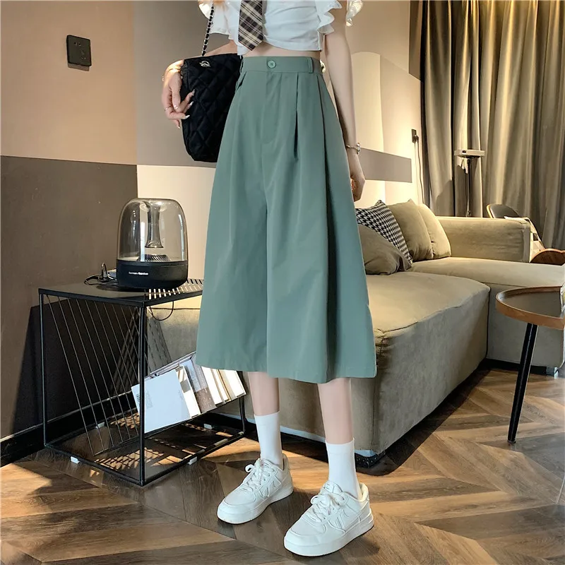 Summer loose bloomers casual elastic waist wide-leg pants large size mid-waist women's solid color culottes cropped overalls