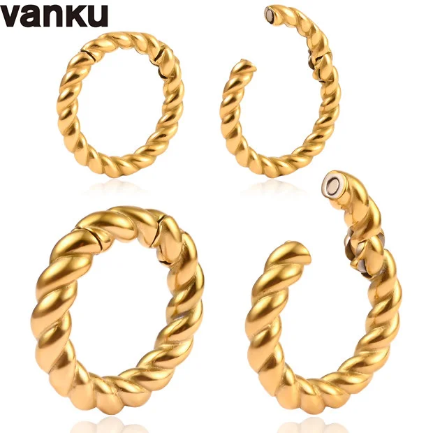 Vanku 2pc Trendy Stainless Steel Round Shape Twist Gold Circle Dot Ear Weight Stretchers Body Jewelry Earring Piercing Expanders
