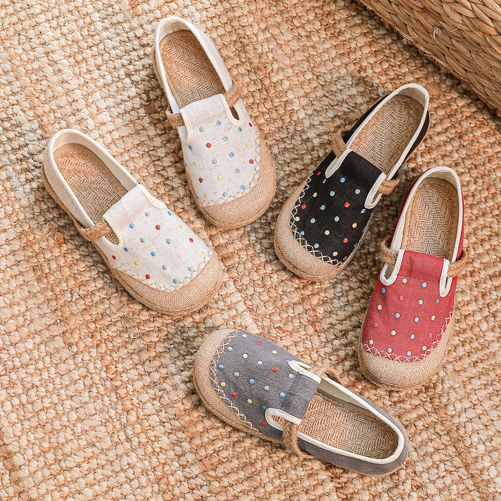 

Pop style embroidered shoes Fashion color dot shoes Casual cotton and linen stitched shoes women shoes