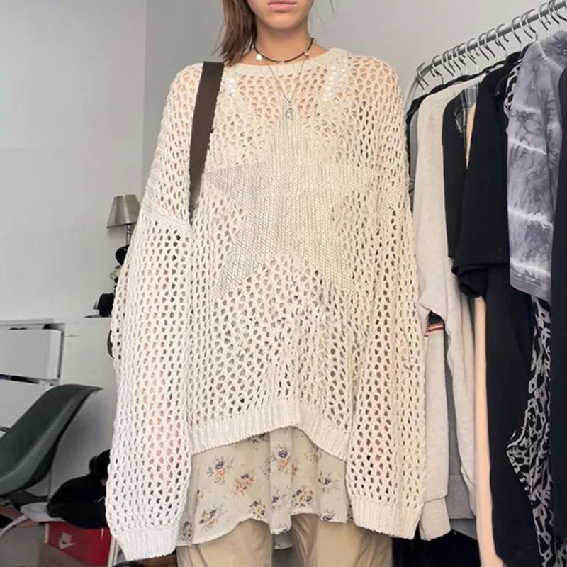 

PASSIONNÉ Knitted Sweater for Women O-neck Long Sleeve Hollow-out Loose Pullovers Female Casual Fashion 2023 Autumn New