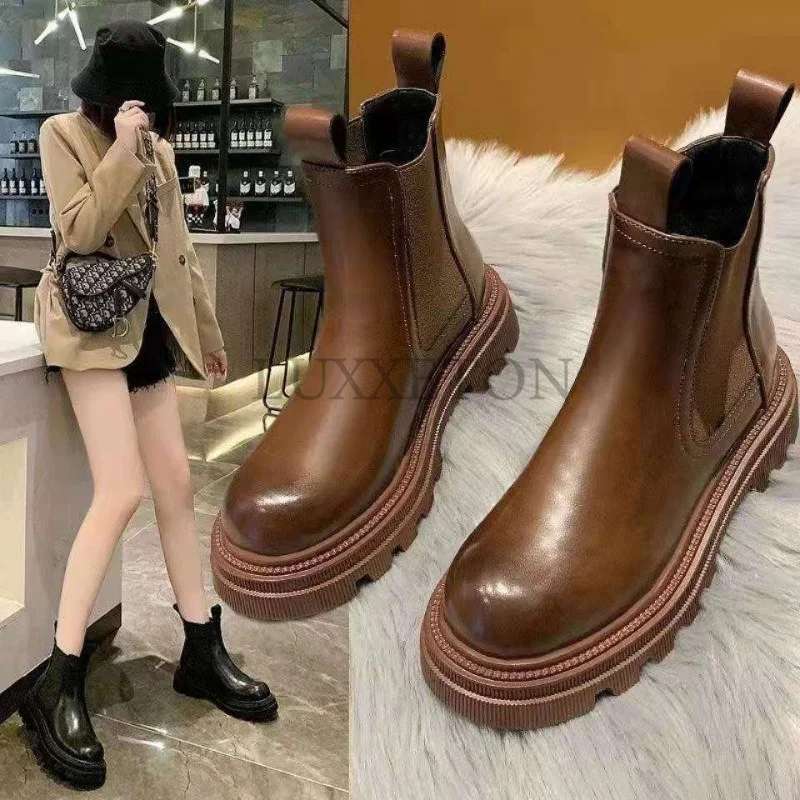 

Women Platform Brown Black Chelsea Boots Low Rise Vintage Shoes Fur Thick Soled Sneakers Punk Gothic Shoes New Products Come To