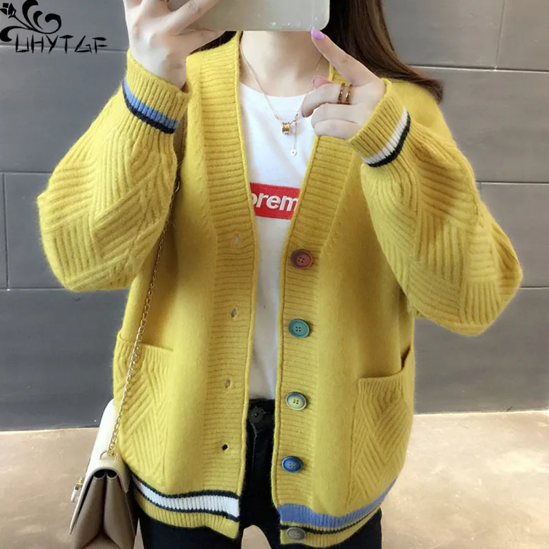 

UHYTGF Sweater Women Coat Autumn Winter New Striped Splicing Color Korean V-Neck Button Pocket Student Female Knitwear Cardigans
