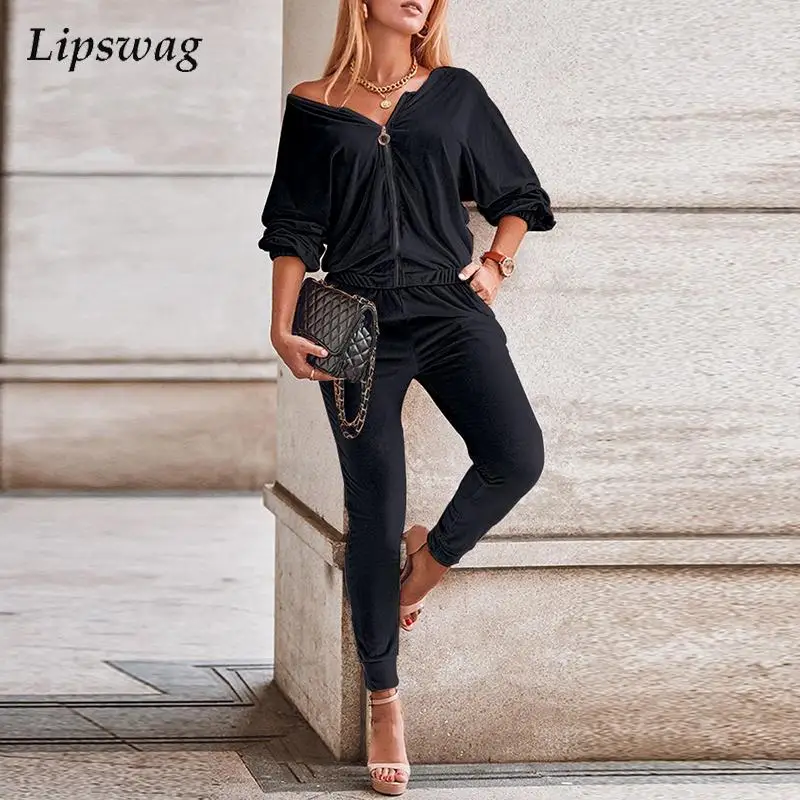 

Winter Elegant Solid Tracksuit Velvet Outfits Autumn V-neck Zip Sweatshirt & Long Pants Suits Lady Long Sleeve Pocket 2Pc Sets