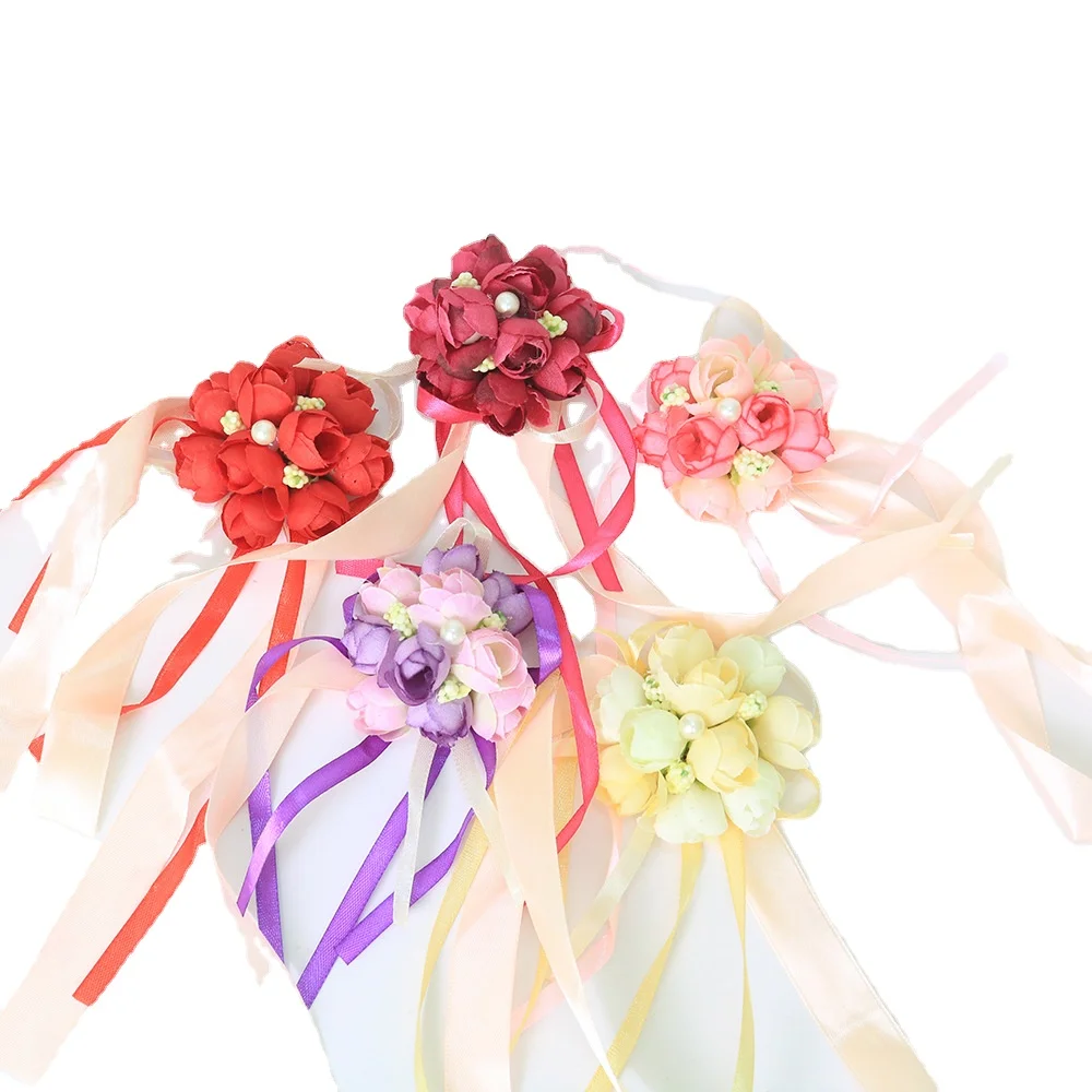 

Bridesmaid Bracelet Wedding Corsage Bracelet Polyester Ribbon Rose Flowers Pearl Bow Bridel Gifts Wrist Corsage