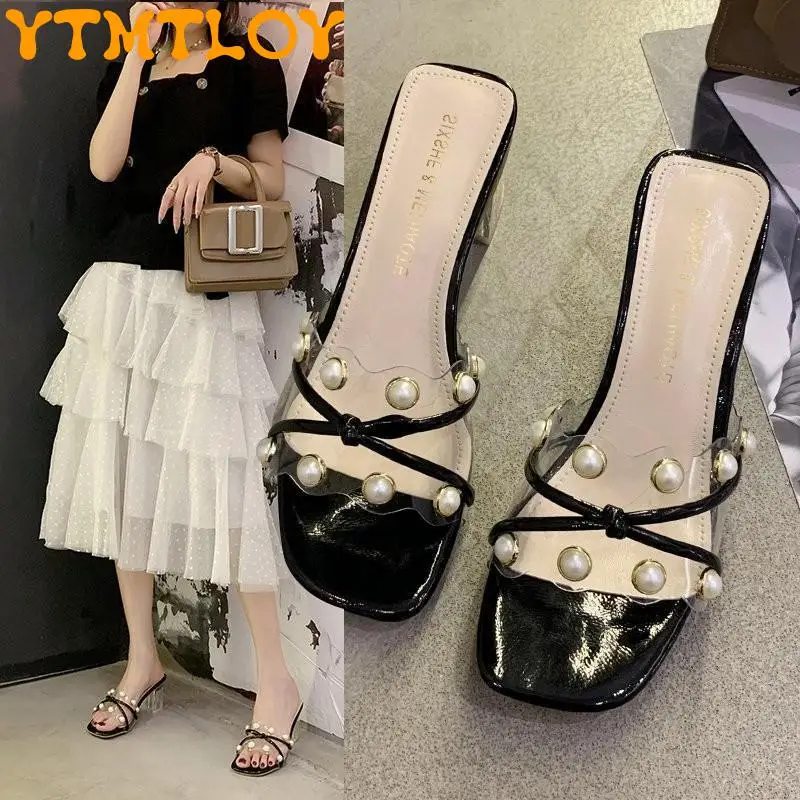 

Pearl Slippers Women's Summer Wear Fashion Half-drag Women's Shoes Summer 2021 New All-match Transparent High Heels Thick Heel