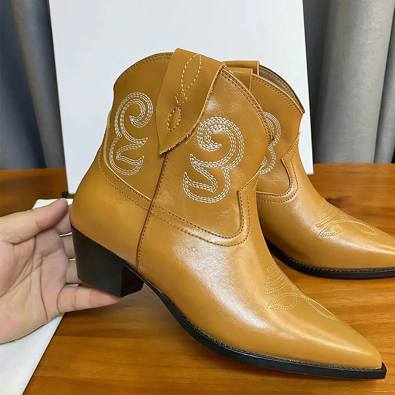 

Donna-in 2022 New Women's Vintage Western Boots Luxury Handmade Genuine Cow Leather Pointed Toe Block Heel Slip-on Ankle Boots