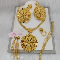 18k gold plated earrings and necklace ring set 45cm length large earrings fashion dubai jewelry