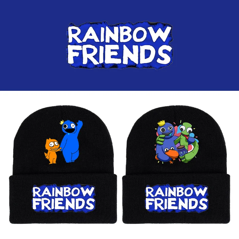 

Вязаная шапка Rainbow Friends, Черная кепка с аниме-рисунком, повседневные теплые шапки с принтом, осенне-зимние шерстяные шапки для мальчиков и де...