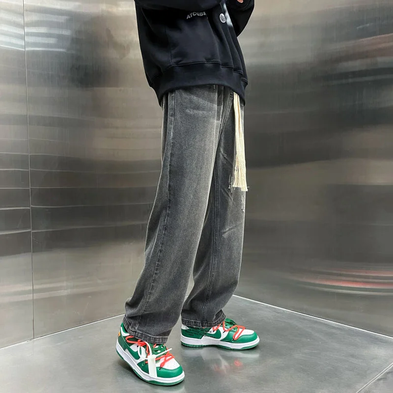 Blue Black Green Baggy Jeans Men Fashion Drawstring Wide Leg Jeans Mens Streetwear Hip Hop Loose Straight Denim Trousers Men
