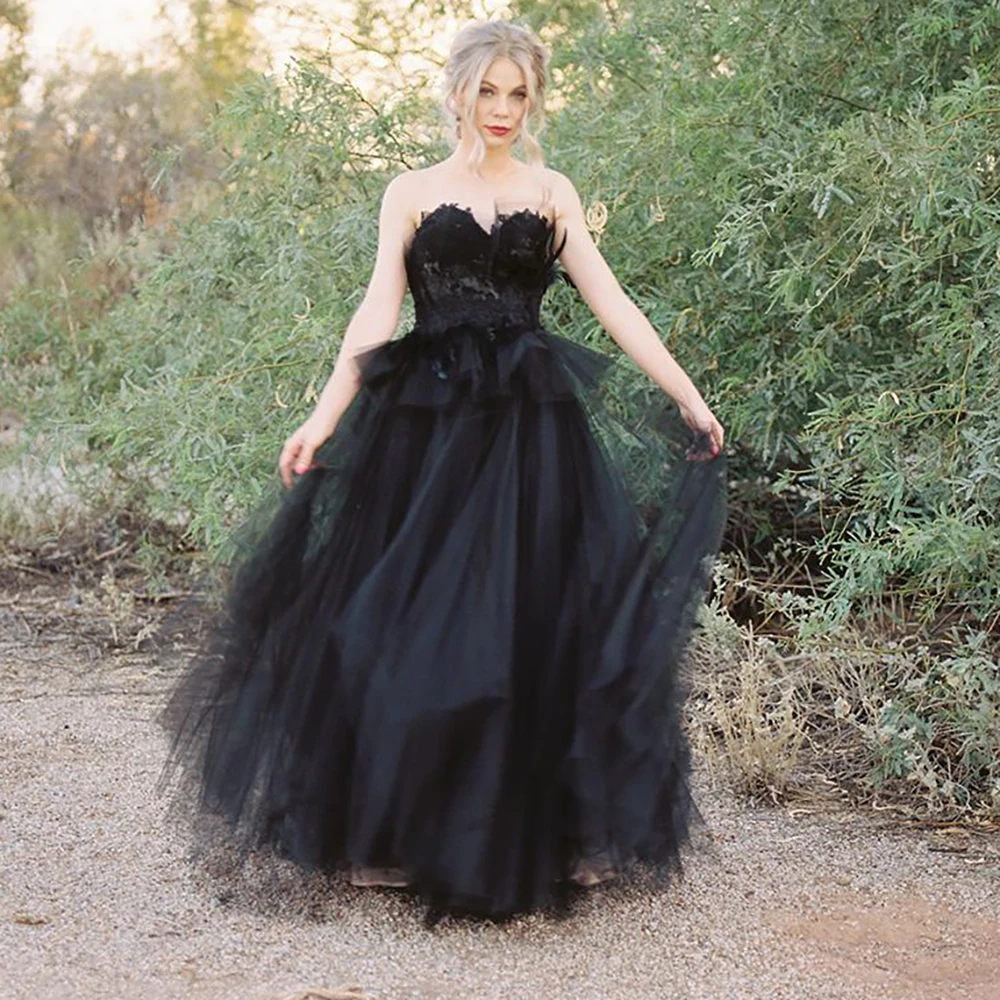 

Женское платье без бретелек, пышное платье в полную длину с глубоким вырезом, мягкое Сетчатое платье без рукавов с цветочной аппликацией, готическое черное платье невесты