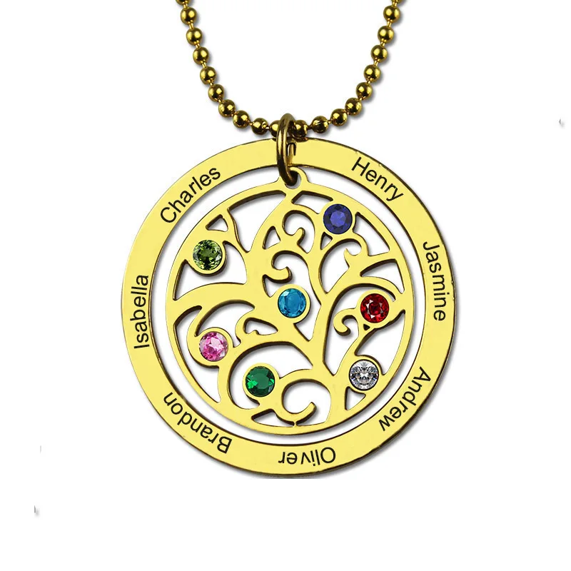 

Women's Gold Necklace Custom Name Engraved Stone Necklaces Vintage Jewelry Chain Family Tree of Life Pendant Gift for Grandma