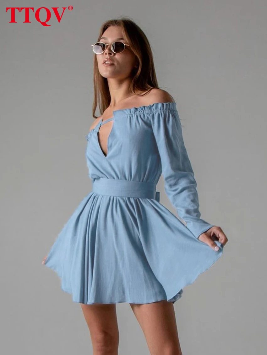

TTQV Elegant Blue Strapless Dresses For Women 2023 Fashion Long Sleeve High Waisted Dresses Autumn Winter Pleated Mini Dress