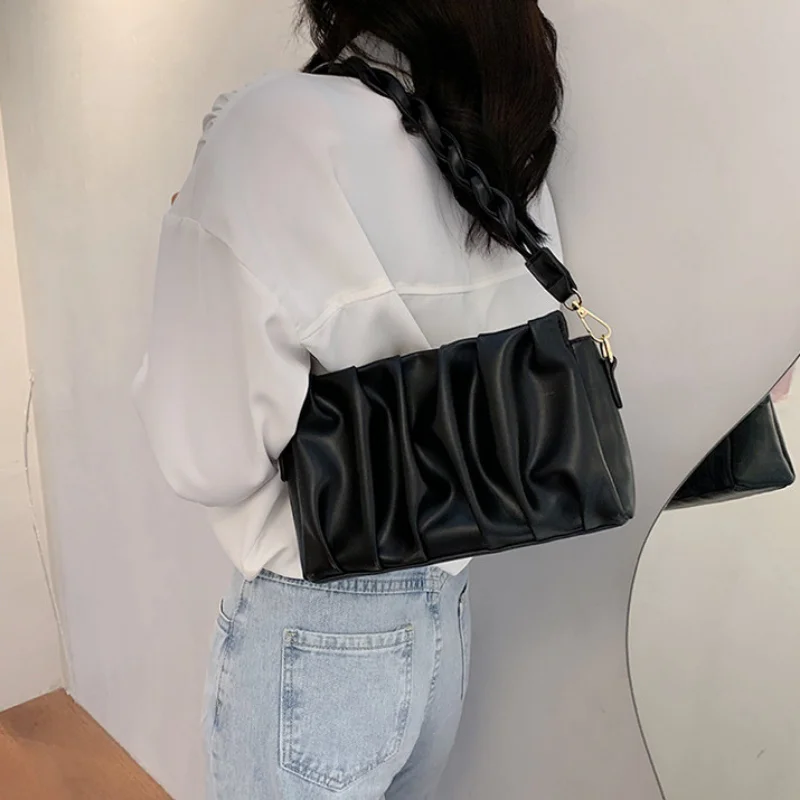 Women's Retro Fashion Ringer PU Fold Hand Bags for Women Simple Luxury One Shoulder Small Square Underarm Bolsa Feminina Handbag