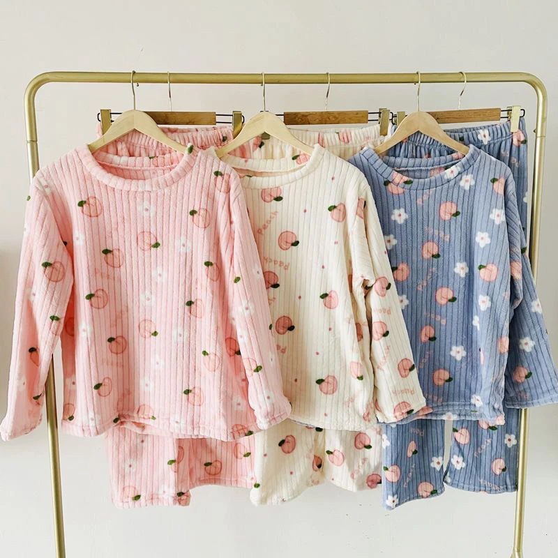 Free-shipping Winter Warm Pajamas Women Flannel Printed Coral Fleece Long Sleeve Thicken Sleepwear Pants Loungewear Home Wear