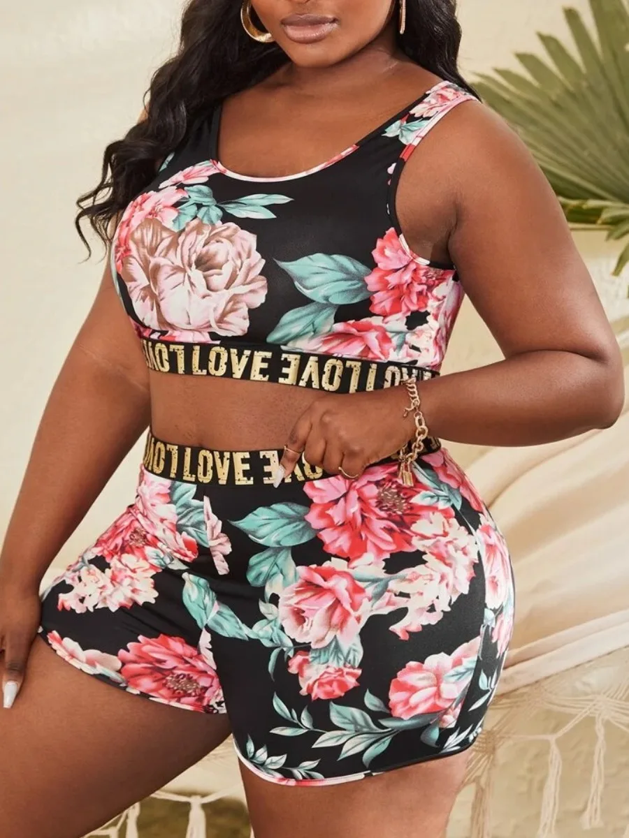 LW Plus Size summer Two pieces set Casual Women Tracksuit Crop Top Floral Letter Print Shorts Set sport Shorts Suit Two Piece Se