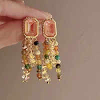 vintage diamond studded square crystal tassel earrings for women korean fashion bohemian elegant luxury temperament jewelry gift