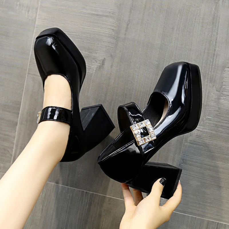 

Platform Shoes Super High Heels Ladies Chunky Lolita Shoe Mary Jane Square Toe Women Pumps Elegant Woman Rhinestones Party Black
