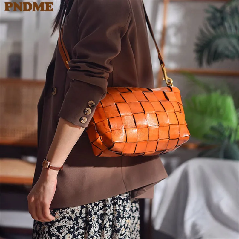 Designer luxury natural genuine leather woven women's crossbody bag outdoor casual high quality real cowhide female shoulder bag