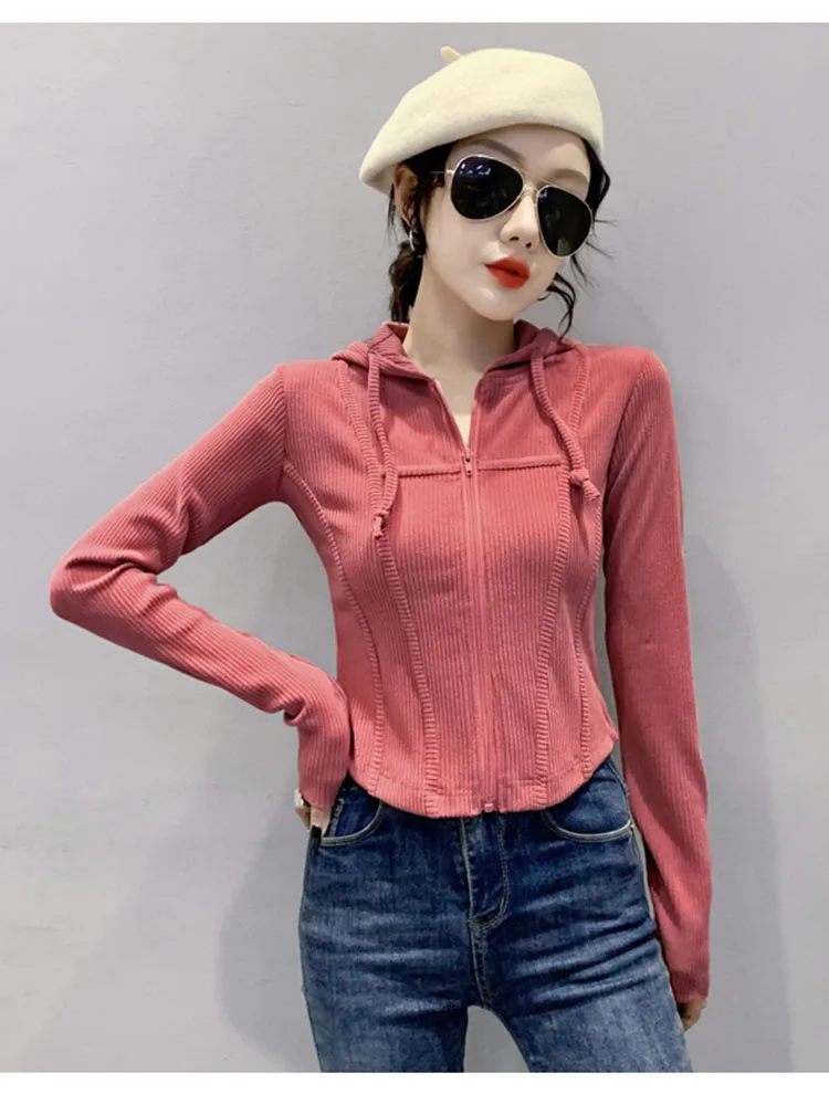 

Женские демисезонные толстовки на молнии, свитер с капюшоном, короткое пальто с запахом на талии, маленький дизайнерский кардиган, Топ с длинным рукавом D5222