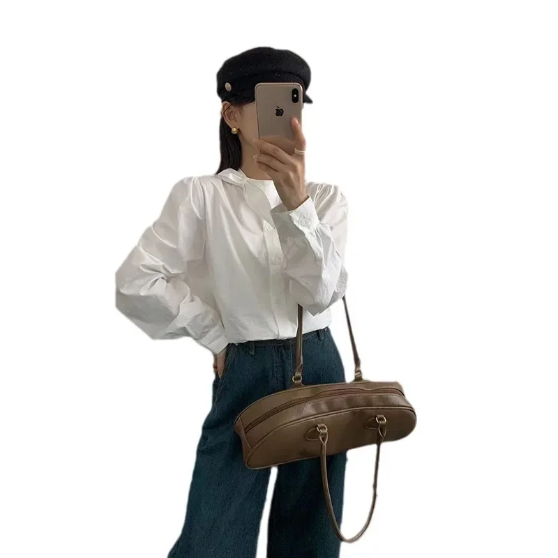 THINK Design Sensibility Women's Autumn/Winter Loose-Fit Solid Color Long Sleeve Shirt Top New Style Korean Fashion