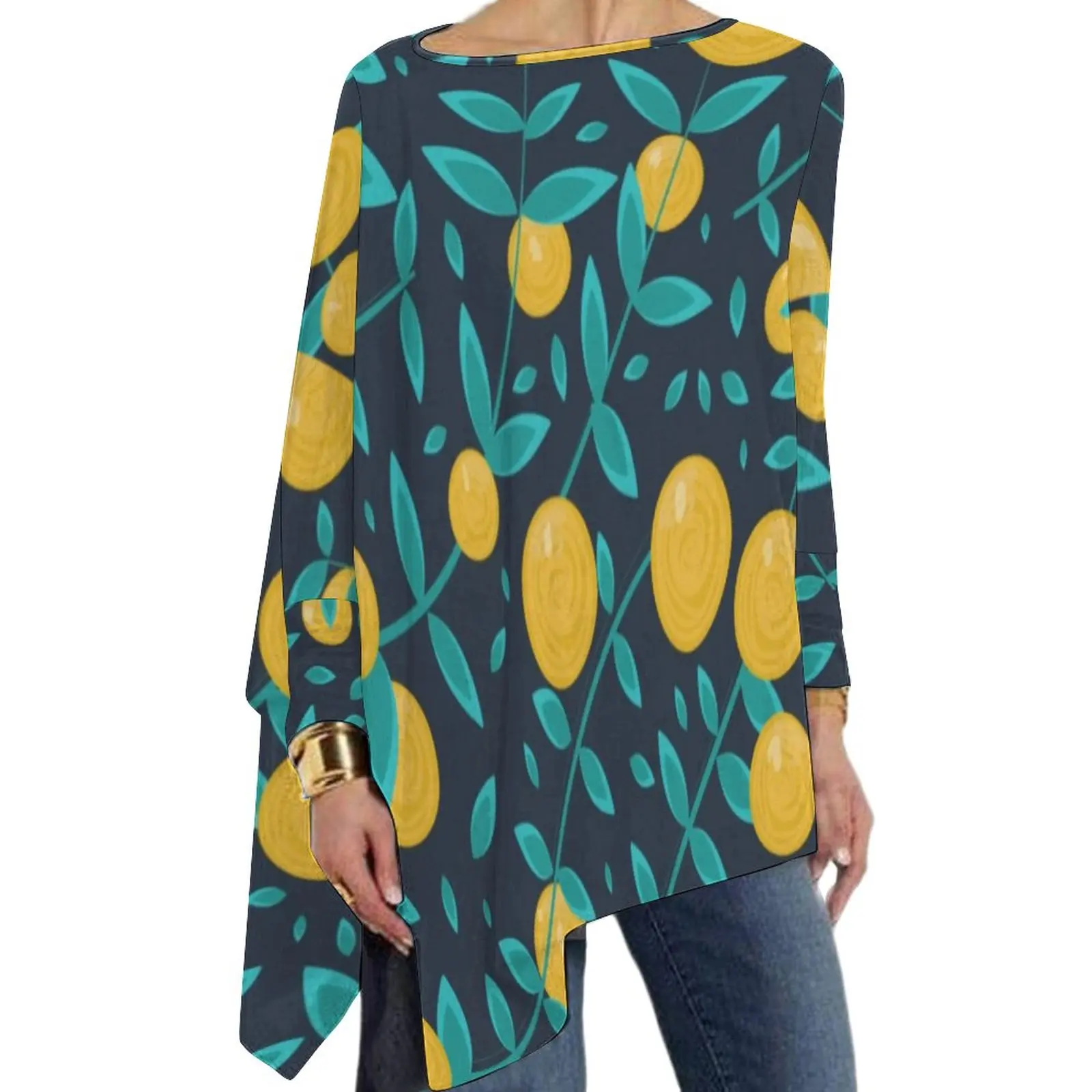 

Oranges Leaves T Shirt Fruit Vintage Print Elegant Long Sleeve T-Shirts Women Street Wear Tshirt Oversized Pattern Clothes