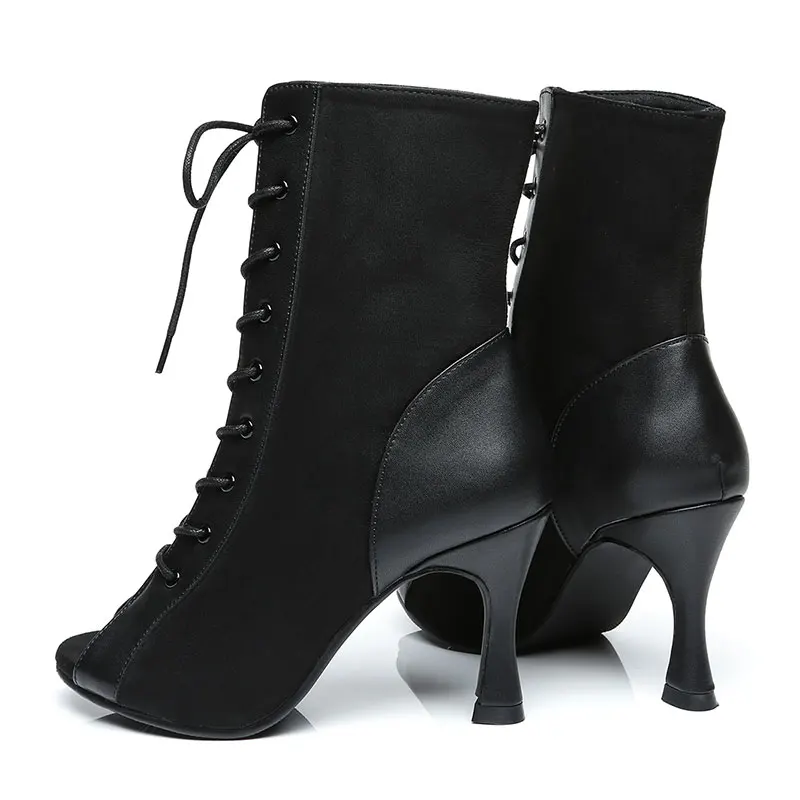 SWDZM Women Dancing Shoes Red Black Woman High Top High Heel Tango Ballroom Latin Dance Shoes Lady Salsa Dance Boots Suede Sole