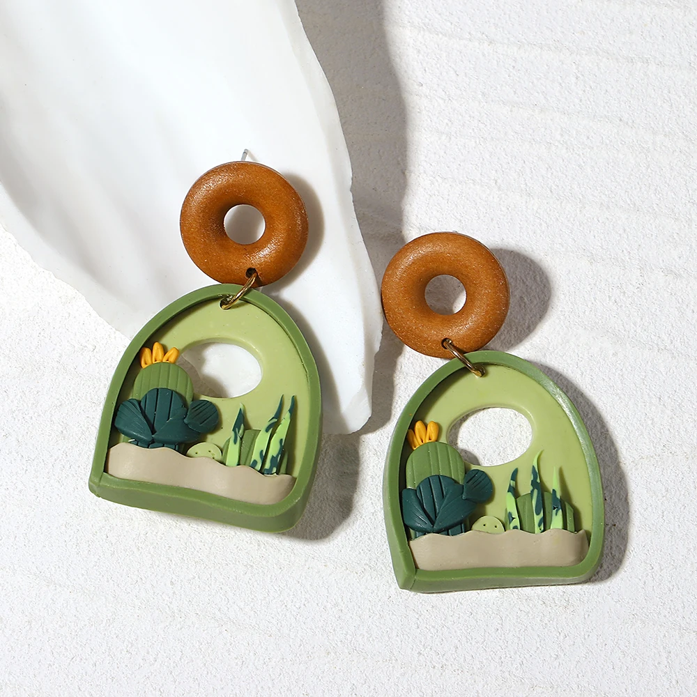 Серьги-подвески Lifefontier с зеленым кактусом