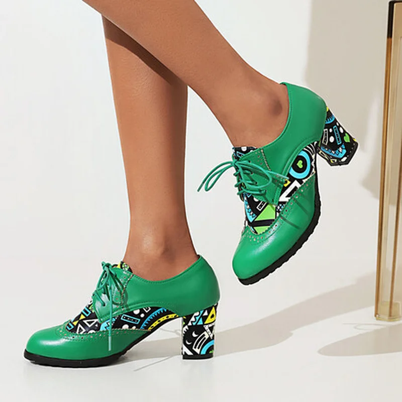 

2022 Women's Patchwork Lace-up Single Shoe Leather High Heels Wood Grain High Heels Heels Women Heels Women Womens Shoes